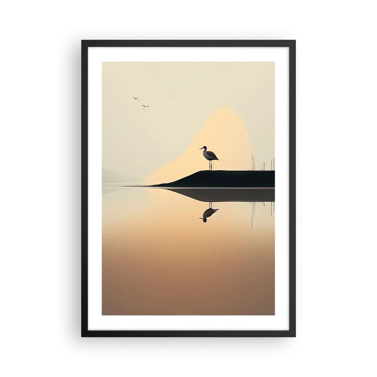 Plakát v černém rámu - Čáp stojící na břehu jezera s odrazem ve vodě - 50x70cm - Pán na jezeře - Moderní nástěnná dekorace do obývacího pokoje a ložnice ARTTOR