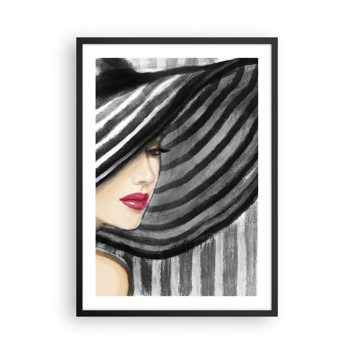 Plakát v černém rámu - Žena v širokém klobouku s červenými rty - 50x70cm - Kde tě hledat? - Moderní nástěnná dekorace do obývacího pokoje a ložnice ARTTOR