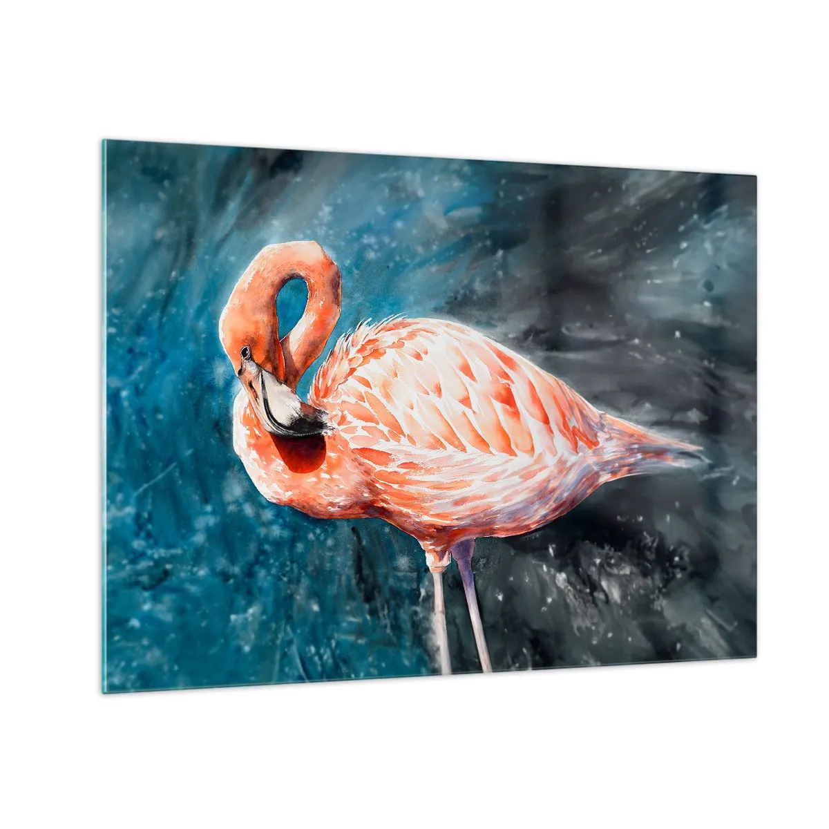 Obraz na skle - Růžový plameňák na modrém akvarelovém pozadí - 70x50cm - Dekorativní od přírody - Moderní nástěnná dekorace do obývacího pokoje a ložnice ARTTOR
