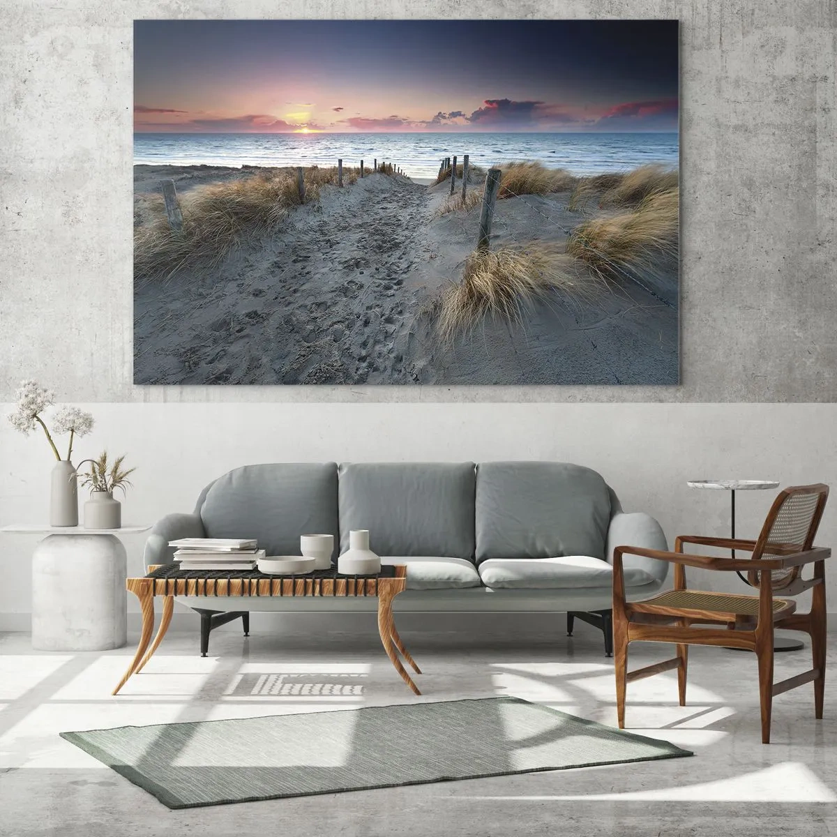 Obraz na skle - Cesta přes duny vedoucí k moři při západu slunce - 70x50cm - Za trochu lásky šel bych světa kraj… - Moderní nástěnná dekorace do obývacího pokoje a ložnice ARTTOR