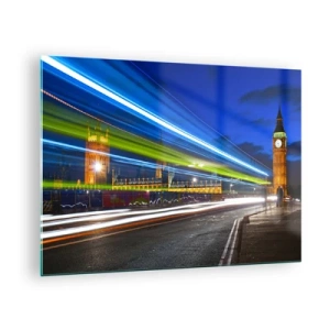 Obraz na skle - Big Ben v noci s rozmazanými světly aut - 70x50cm - Pod dohledem Big Bena - Moderní nástěnná dekorace do obývacího pokoje a ložnice ARTTOR
