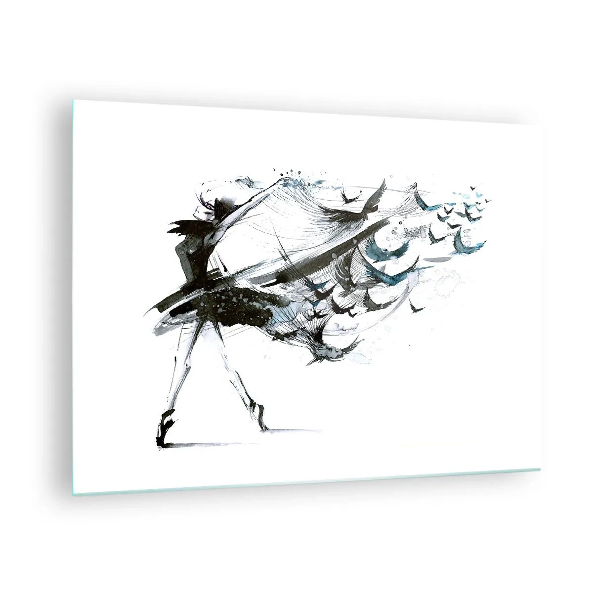 Obraz na skle - Tanečnice v pohybu s plovoucími ptáky - 70x50cm - Magie hudby uvolňuje od kouzla - Moderní nástěnná dekorace do obývacího pokoje a ložnice ARTTOR