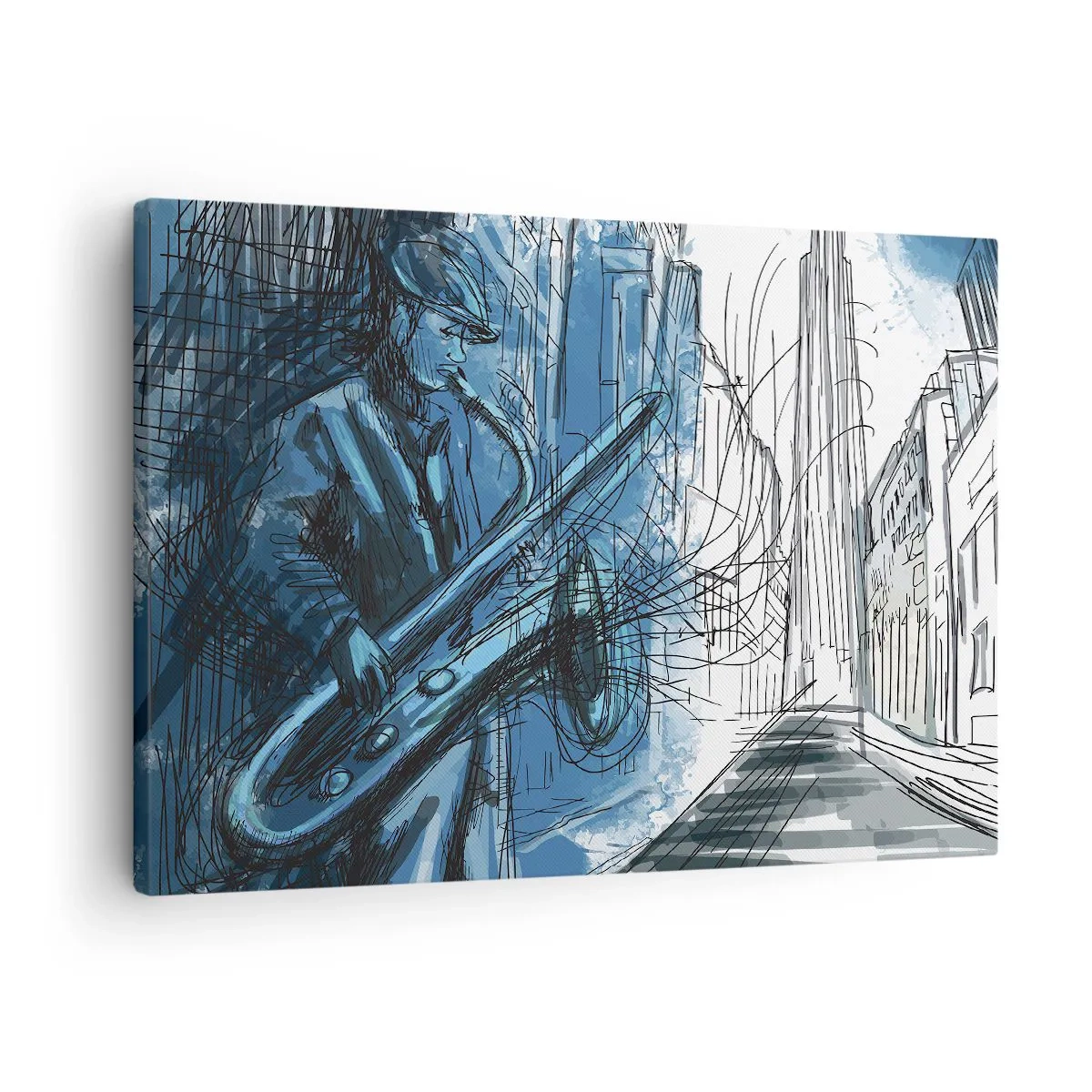 Obraz na plátně - Postava hrající na saxofon na pozadí města - 70x50cm - Městská rapsodie - Moderní nástěnná dekorace do obývacího pokoje a ložnice ARTTOR