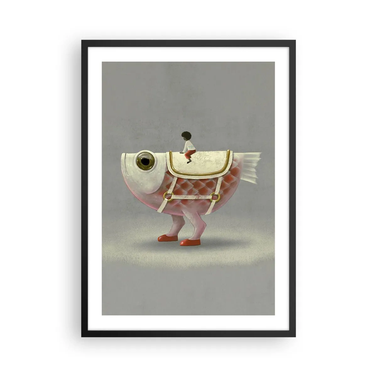 Plakát v černém rámu - Fantastická ryba se sedlem a postavou na šedém pozadí - 50x70cm - Rybí jezdec - Moderní nástěnná dekorace do obývacího pokoje a ložnice ARTTOR
