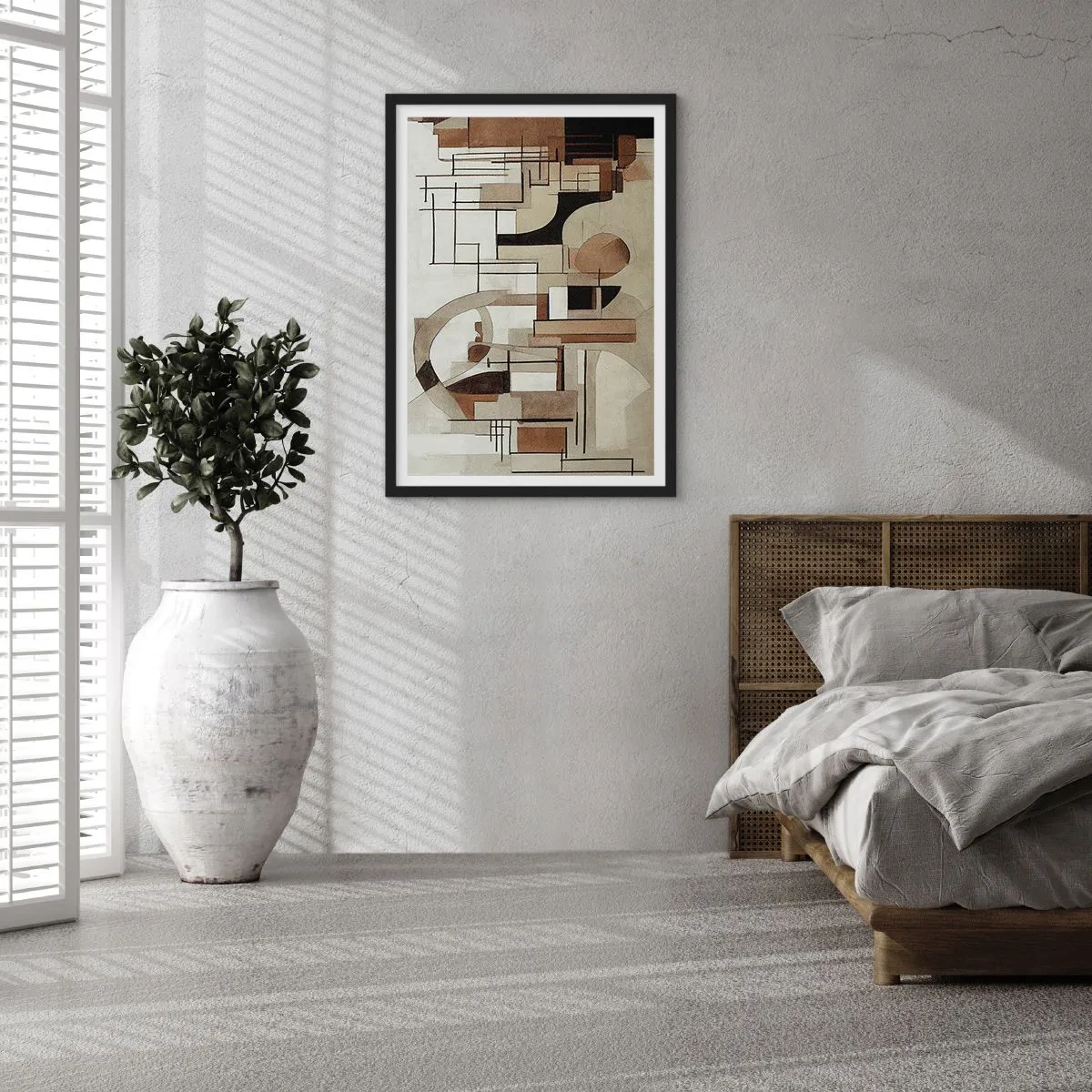 Plakát v černém rámu - Geometrická abstrakce v odstínech hnědé a béžové - 50x70cm - Městská krajina 2.0 - Moderní nástěnná dekorace do obývacího pokoje a ložnice ARTTOR