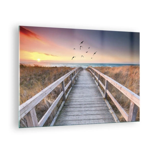Obraz na skle - Dřevěná lávka přes duny vedoucí na pláž při západu slunce - 70x50cm - Prostor pro vzestupy - Moderní nástěnná dekorace do obývacího pokoje a ložnice ARTTOR