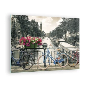 Obraz na skle - Barevná kola na mostě přes kanál - 70x50cm - Barvy  amsterdamské ulice - Moderní nástěnná dekorace do obývacího pokoje a ložnice ARTTOR