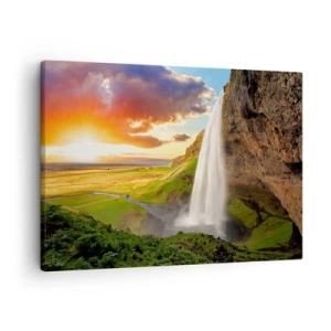 Obraz na plátně - Vodopád v malebné krajině při západu slunce - 70x50cm - Vrchol islandského léta - Moderní nástěnná dekorace do obývacího pokoje a ložnice ARTTOR