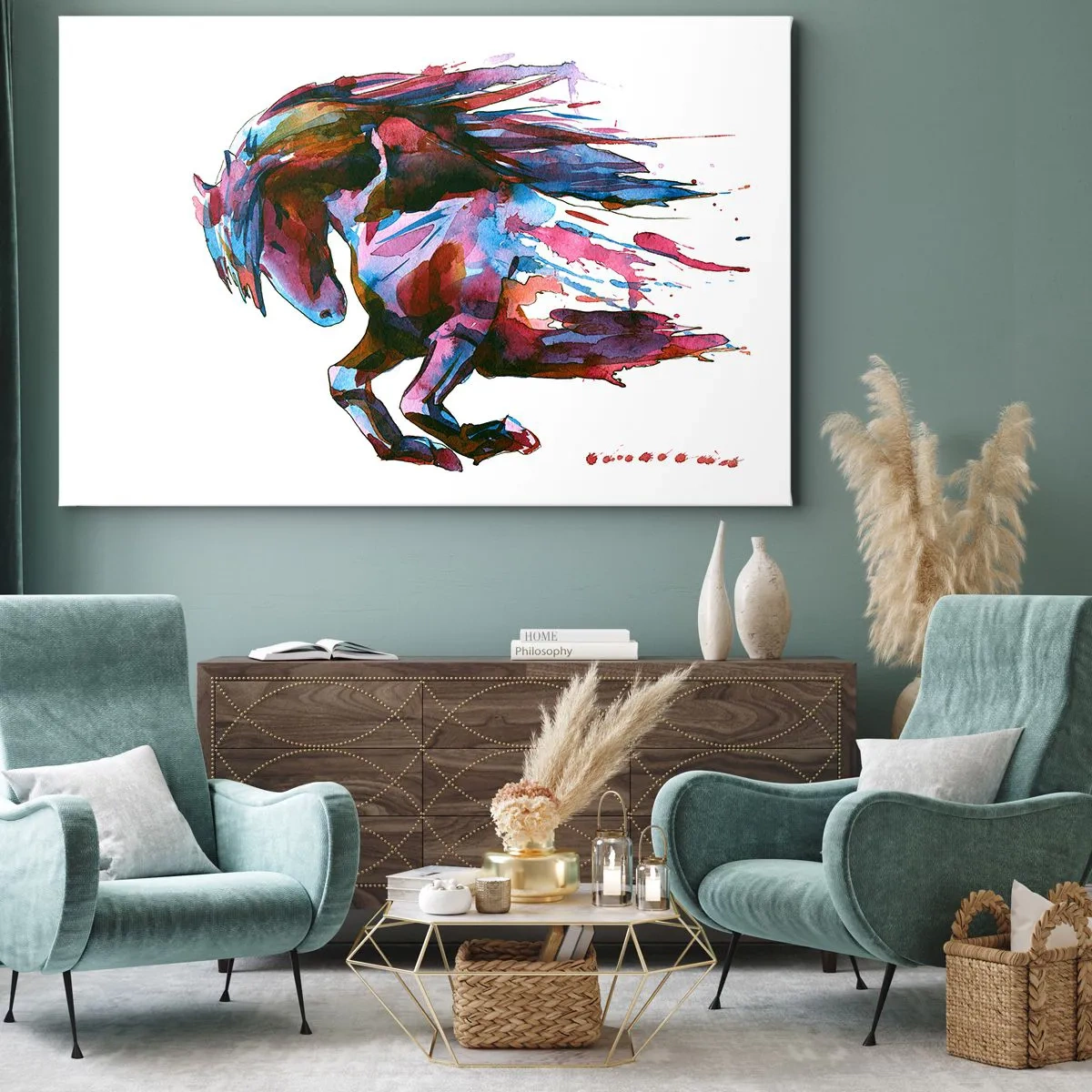 Obraz na plátně - Kůň v dynamických abstraktních barvách symbolizující svobodu - 70x50cm - U vytržení - Moderní nástěnná dekorace do obývacího pokoje a ložnice ARTTOR