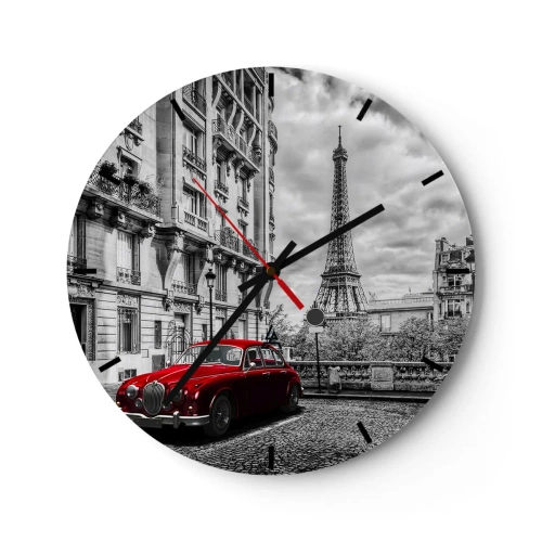 Nástěnné hodiny - Černobílý pohled na Eiffelovu věž s červeným retro autem - 30x30cm - Dravec ve městě - Moderní nástěnná dekorace do obývacího pokoje, kuchyně a ložnice ARTTOR