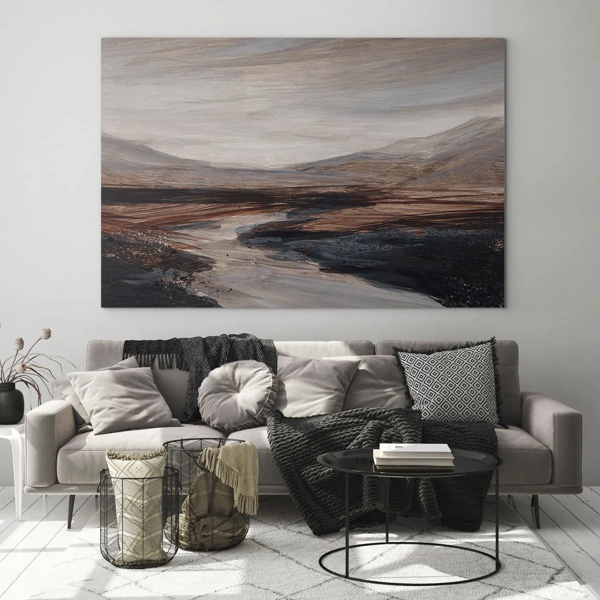Obraz na skle - Malebné údolí s řekou v odstínech hnědé a modré - 70x50cm -  Klidné údolí - Moderní nástěnná dekorace do obývacího pokoje a ložnice ARTTOR