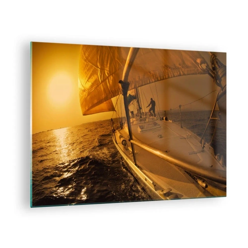 Obraz na skle - Plachetnice na pozadí zapadajícího slunce - 70x50cm - Zlatý večer po vícebarevném dni - Moderní nástěnná dekorace do obývacího pokoje a ložnice ARTTOR