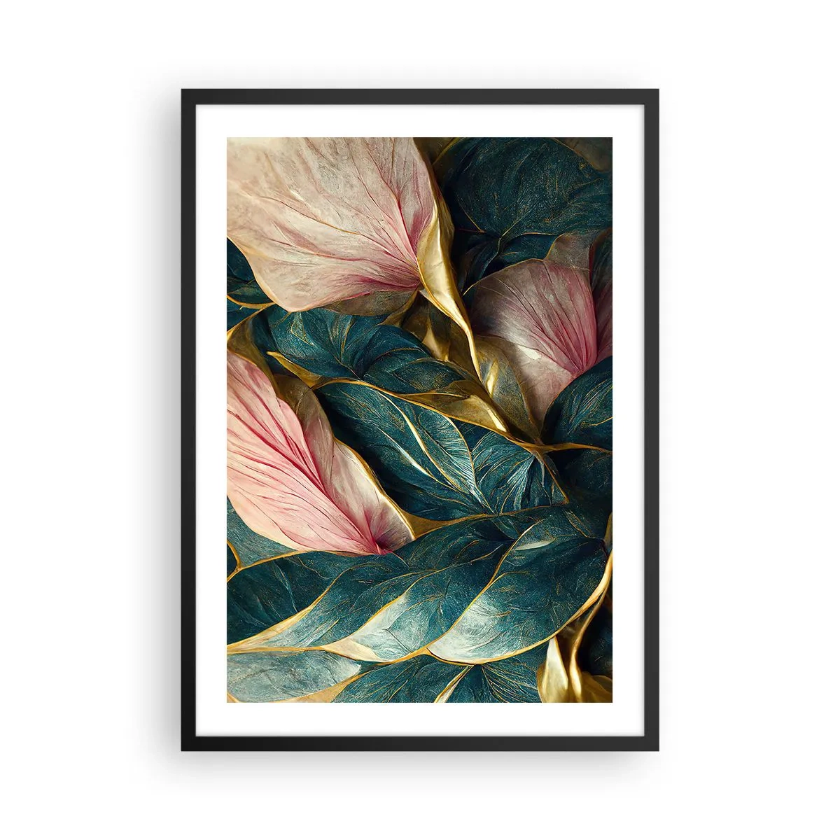 Plakát v černém rámu - Elegantní kompozice listů v odstínech zelené, zlaté a růžové - 50x70cm - Přirozená elegance a styl - Moderní nástěnná dekorace do obývacího pokoje a ložnice ARTTOR