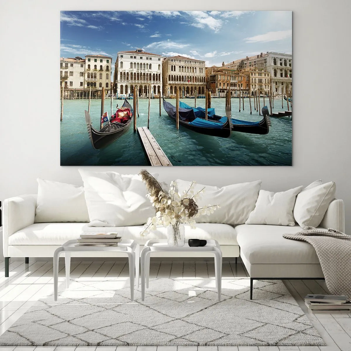 Obraz na skle - Gondoly na kanálu v Benátkách za slunečného dne - 70x50cm - Paláce v modři - Moderní nástěnná dekorace do obývacího pokoje a ložnice ARTTOR