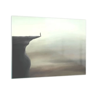 Obraz na skle - Silueta osoby stojící na okraji útesu nad mlhou - 70x50cm - Nahoru, samozřejmě! - Moderní nástěnná dekorace do obývacího pokoje a ložnice ARTTOR