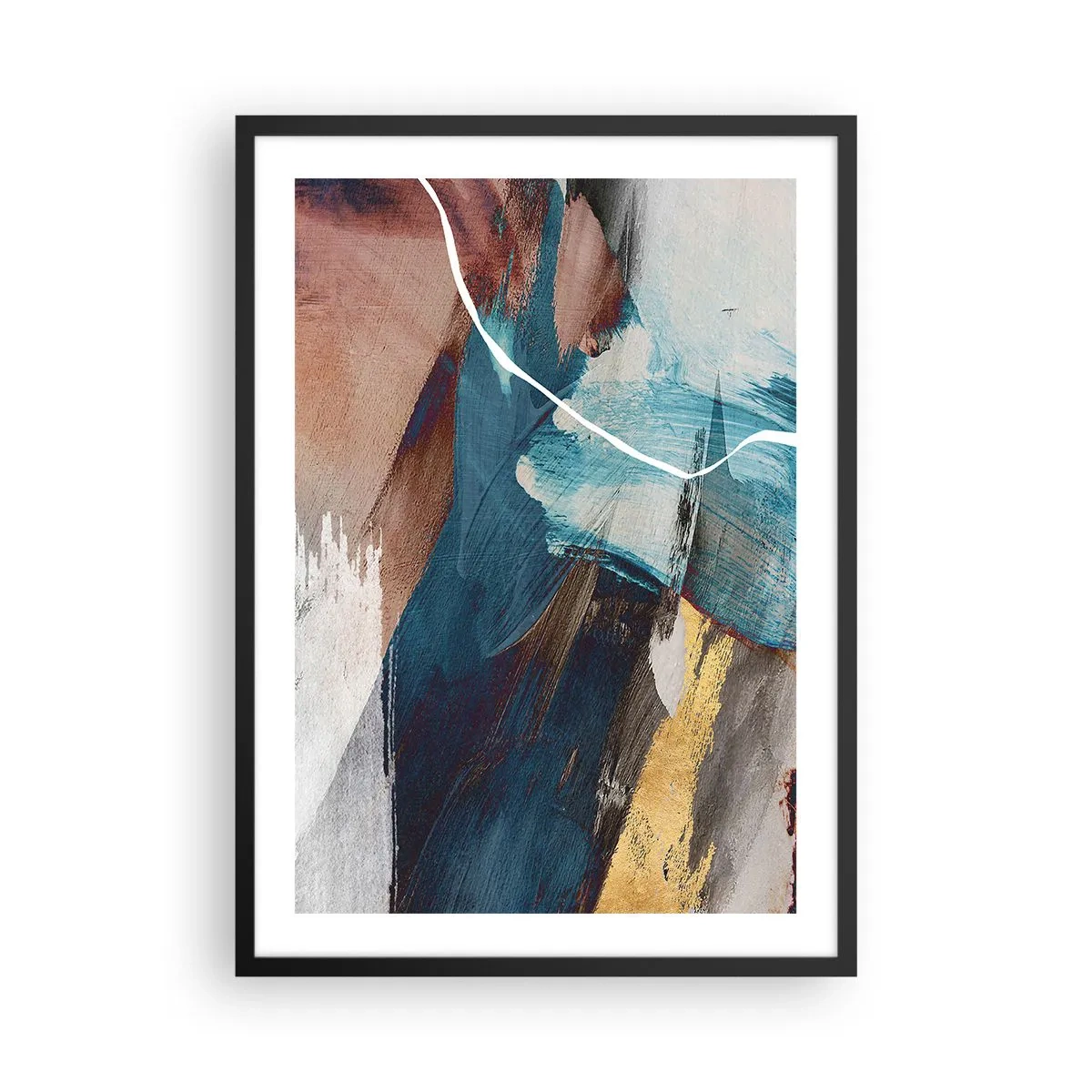 Plakát v černém rámu - Expresivní abstrakce v odstínech modré a zlaté - 50x70cm - Na plno a s energií - Moderní nástěnná dekorace do obývacího pokoje a ložnice ARTTOR
