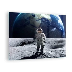 Obraz na skle - Astronaut na povrchu Měsíce se Zemí v pozadí - 70x50cm - Pozdravy s Měsíce - Moderní nástěnná dekorace do obývacího pokoje a ložnice ARTTOR