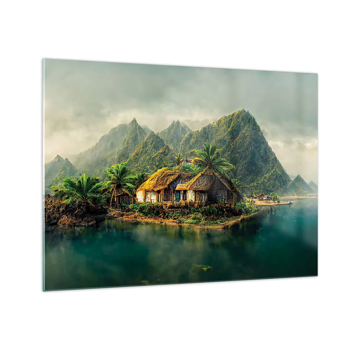 Obraz na skle - Tropická vesnice u vody obklopená horami a palmami - 70x50cm - Tropický ráj - Moderní nástěnná dekorace do obývacího pokoje a ložnice ARTTOR