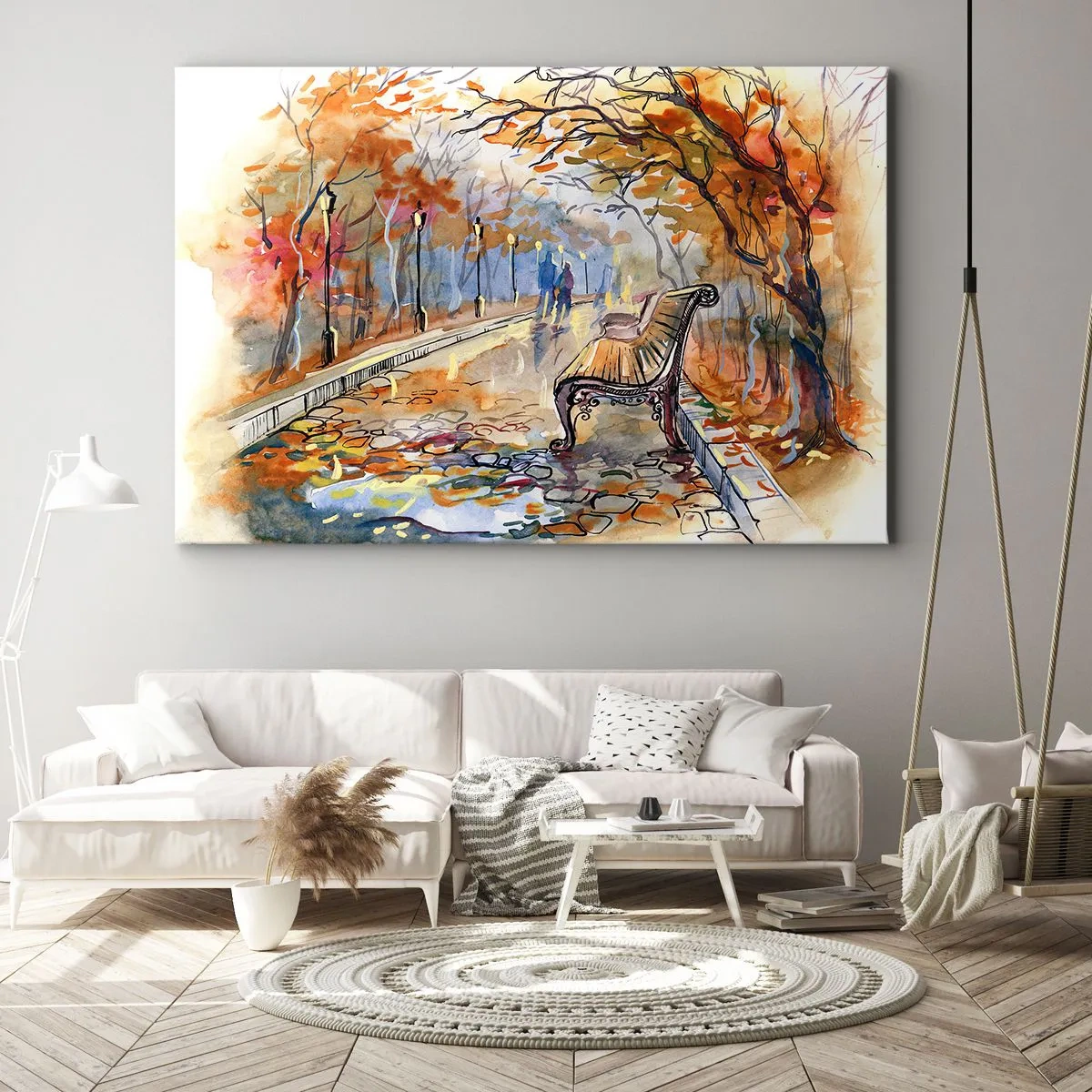 Obraz na plátně - Podzimní park s lavičkou v akvarelu - 70x50cm - Společně putovat podzimem - Moderní nástěnná dekorace do obývacího pokoje a ložnice ARTTOR