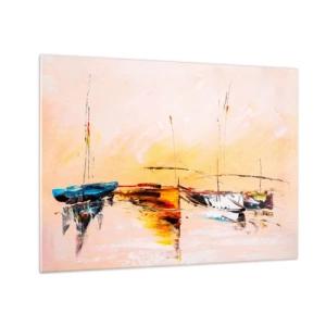 Obraz na skle - Barevné lodě kotvící na pozadí impresionistického západu slunce - 70x50cm - Večer v přístavu - Moderní nástěnná dekorace do obývacího pokoje a ložnice ARTTOR
