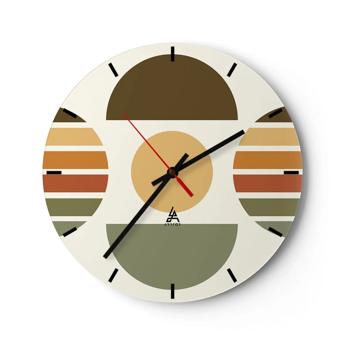 Nástěnné hodiny - Geometrické půlkruhy a pruhy v zemitých tónech na světlém pozadí - 30x30cm - V barvách země - Moderní nástěnná dekorace do obývacího pokoje, kuchyně a ložnice ARTTOR
