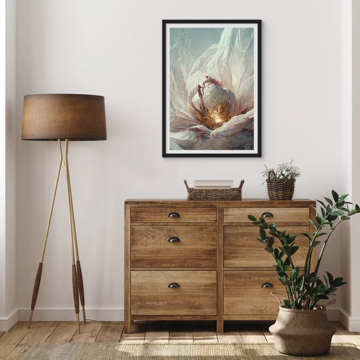 Plakát v černém rámu - Decentní abstrakce s květinovým motivem v jemných odstínech bílé a zlaté. - 50x70cm - Rozkvétá jednou za sto let - Moderní nástěnná dekorace do obývacího pokoje a ložnice ARTTOR