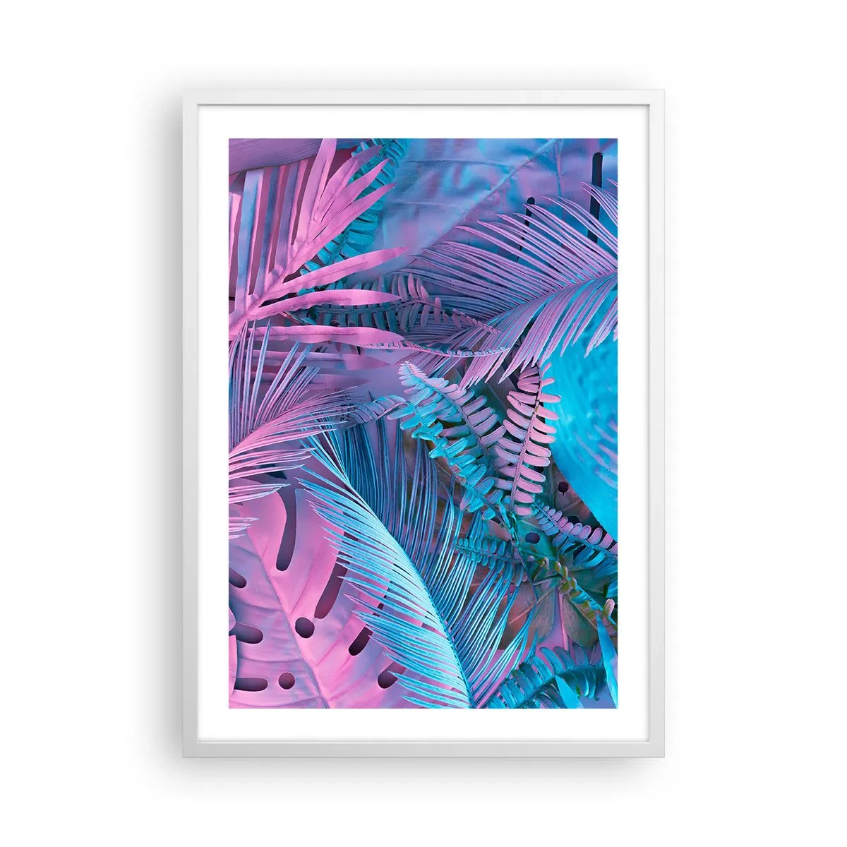 Plakát v bílém rámu - Tropy v růžové a modré - 50x70 cm