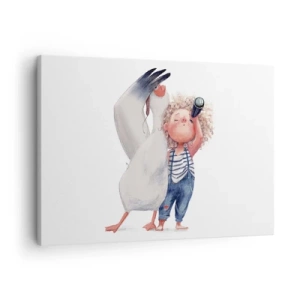 Obraz na plátně - Ilustrace dítěte s pelikánem a dalekohledem v ruce - 70x50cm - Plán na skvělou cestu - Moderní nástěnná dekorace do obývacího pokoje a ložnice ARTTOR