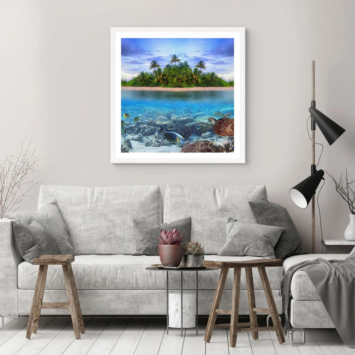 Plakát v bílém rámu - Nebeský ostrov zve - 30x30 cm