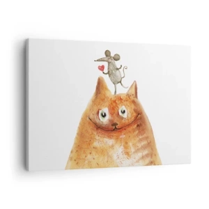 Obraz na plátně - Kresba kočky s myší na hlavě, která drží srdce - 70x50cm - Paradoxy lásky - Moderní nástěnná dekorace do obývacího pokoje a ložnice ARTTOR