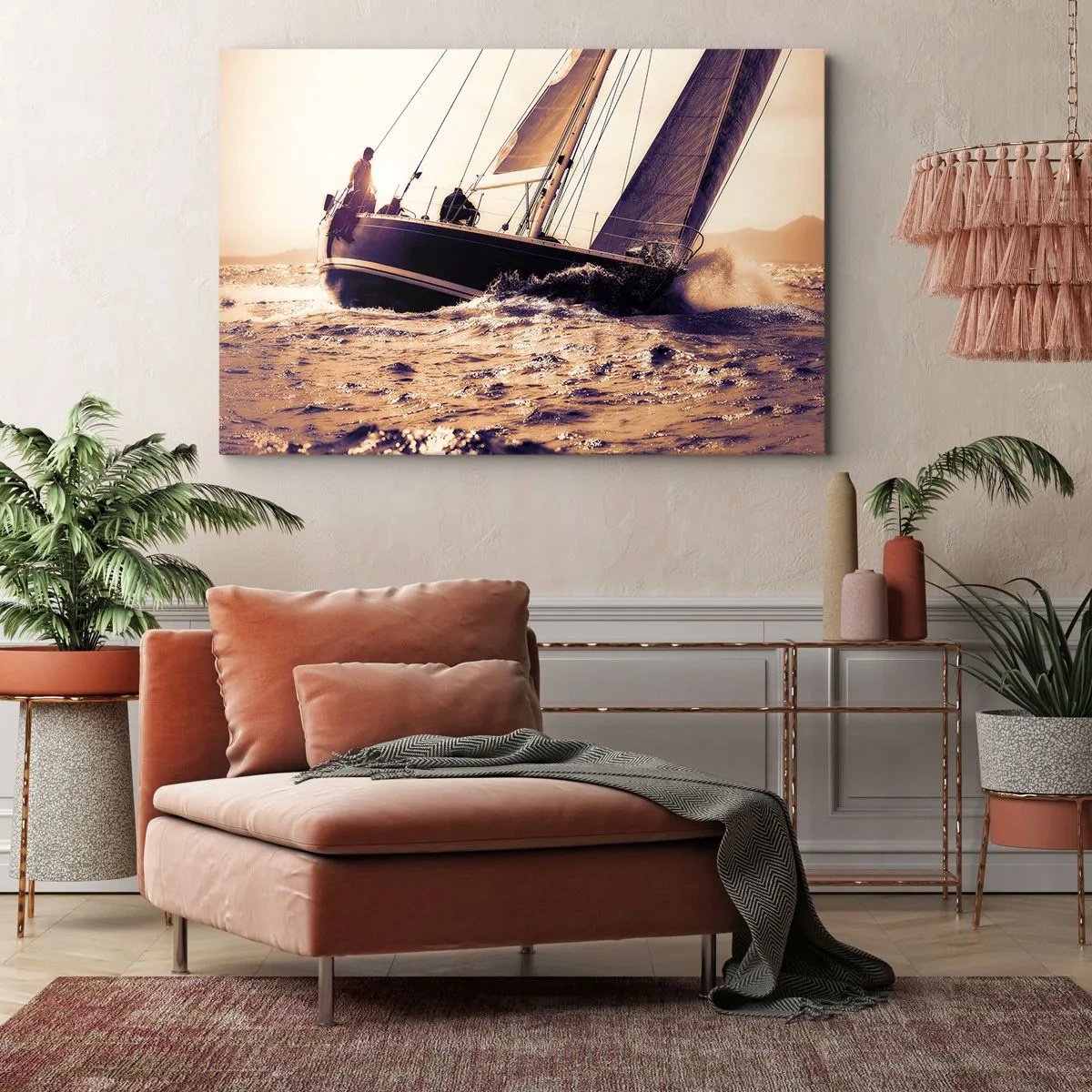 Obraz na plátně - Jachta na rozbouřeném moři ve světle zapadajícího slunce - 70x50cm - Pluj námořníku - Moderní nástěnná dekorace do obývacího pokoje a ložnice ARTTOR
