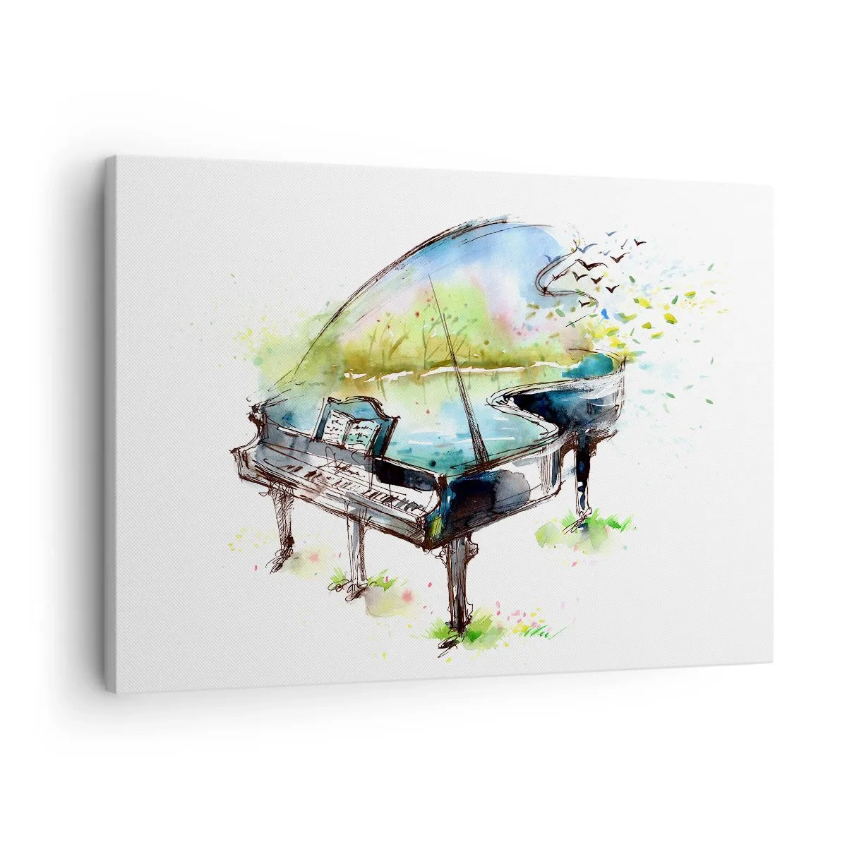 Obraz na plátně - Umělecká akvarelová malba klavíru s přírodou v pozadí - 70x50cm - Zakleté v hudbě - Moderní nástěnná dekorace do obývacího pokoje a ložnice ARTTOR