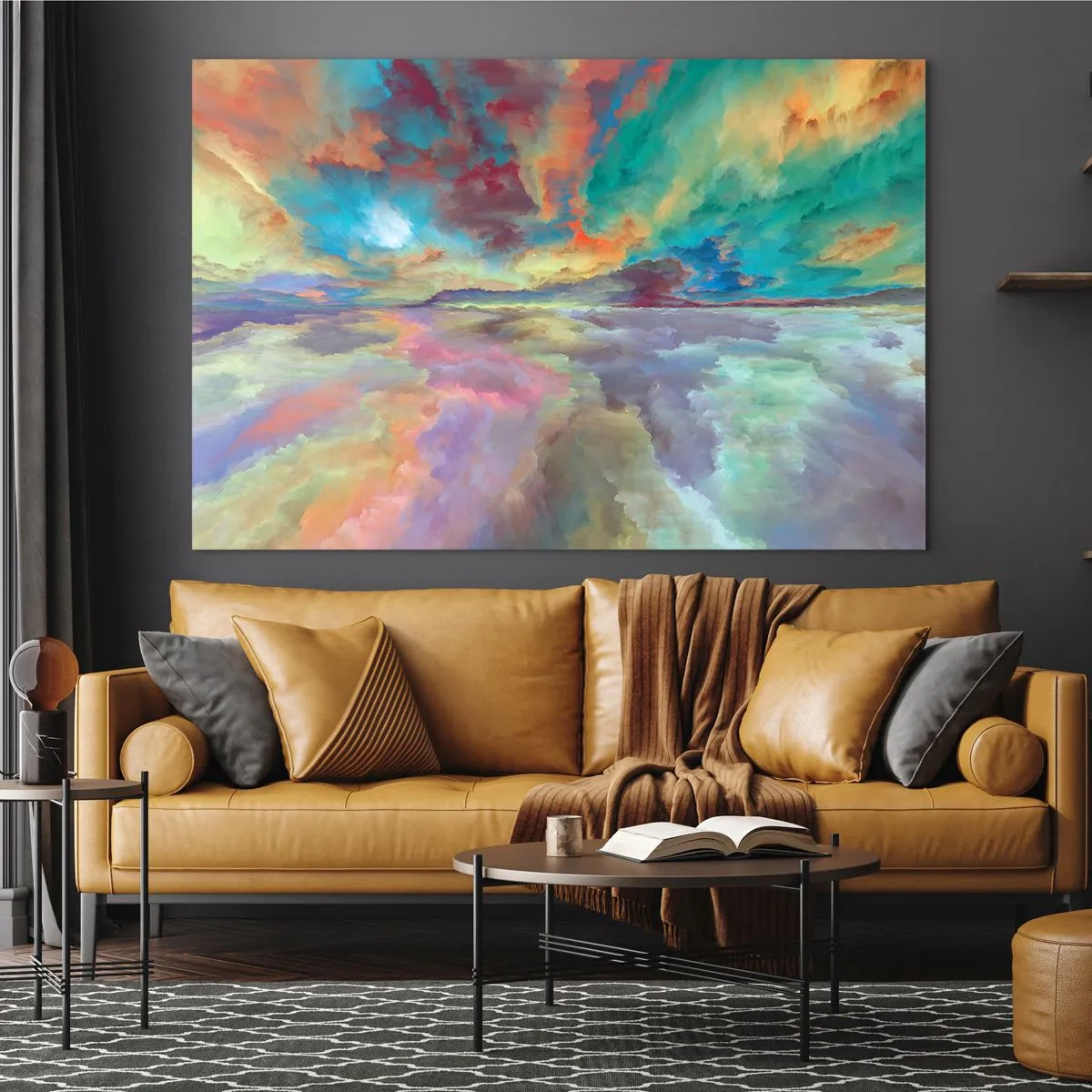 Obraz na skle - Barevné mraky odrážející se ve vodě na obzoru - 70x50cm - Dvě nebe - Moderní nástěnná dekorace do obývacího pokoje a ložnice ARTTOR