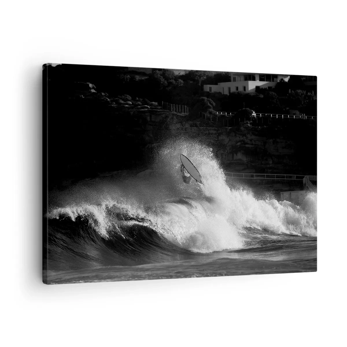 Obraz na plátně - Surfař na vlně v černobílém provedení - 70x50cm - Výzva přijata! - Moderní nástěnná dekorace do obývacího pokoje a ložnice ARTTOR