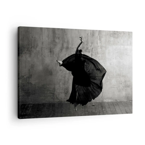 Obraz na plátně - Černá a bílá silueta tanečnice v pohybu na pozadí zdi - 70x50cm - Plné vášně - Moderní nástěnná dekorace do obývacího pokoje a ložnice ARTTOR