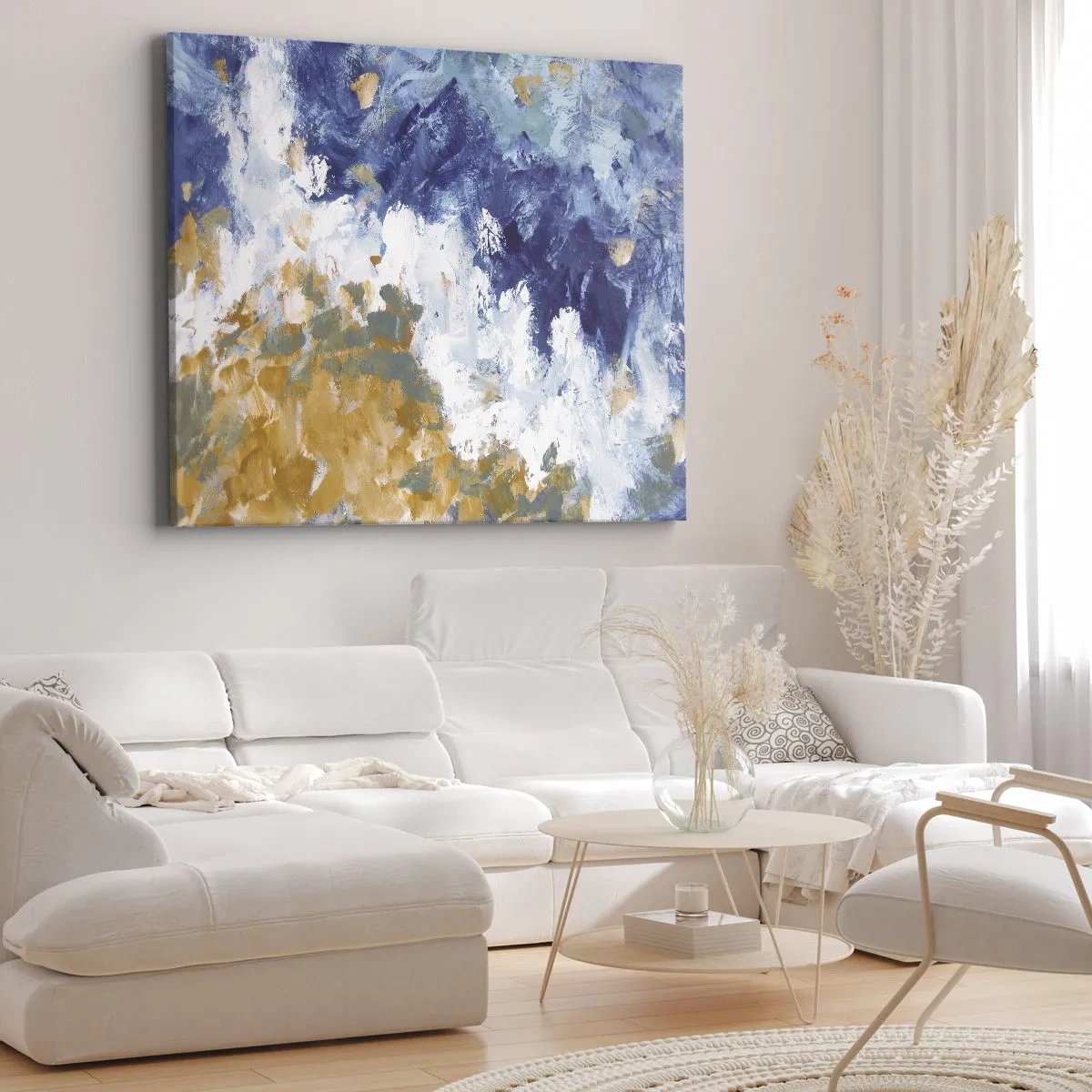 Obraz na plátně - Abstrakce v odstínech modré, bílé a zlaté - 70x50cm - Tanec živlů - Moderní nástěnná dekorace do obývacího pokoje a ložnice ARTTOR