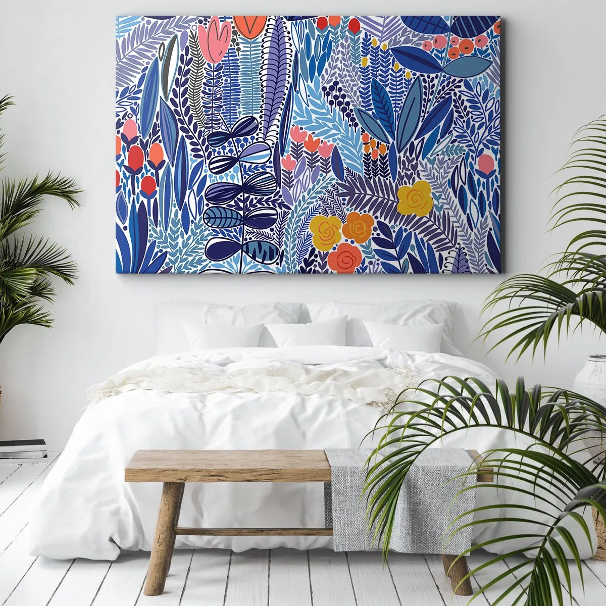 Obraz na plátně - Barevný rostlinný motiv v moderním grafickém stylu - 70x50cm - Havajská zahrada - Moderní nástěnná dekorace do obývacího pokoje a ložnice ARTTOR