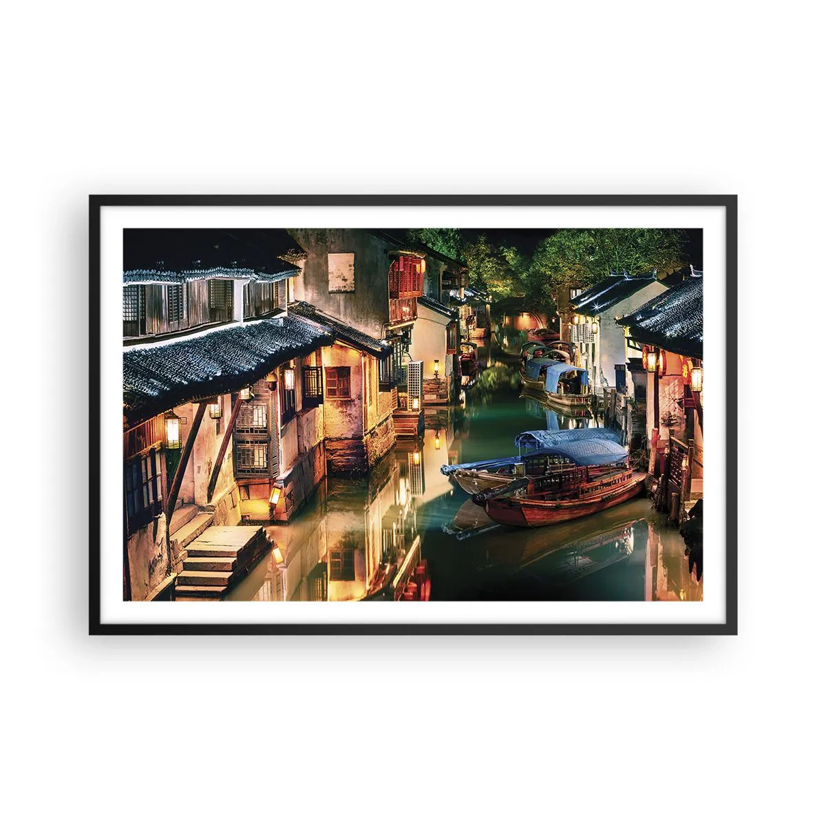 Plakát v černém rámu - Večer na čínské ulici - 91x61 cm