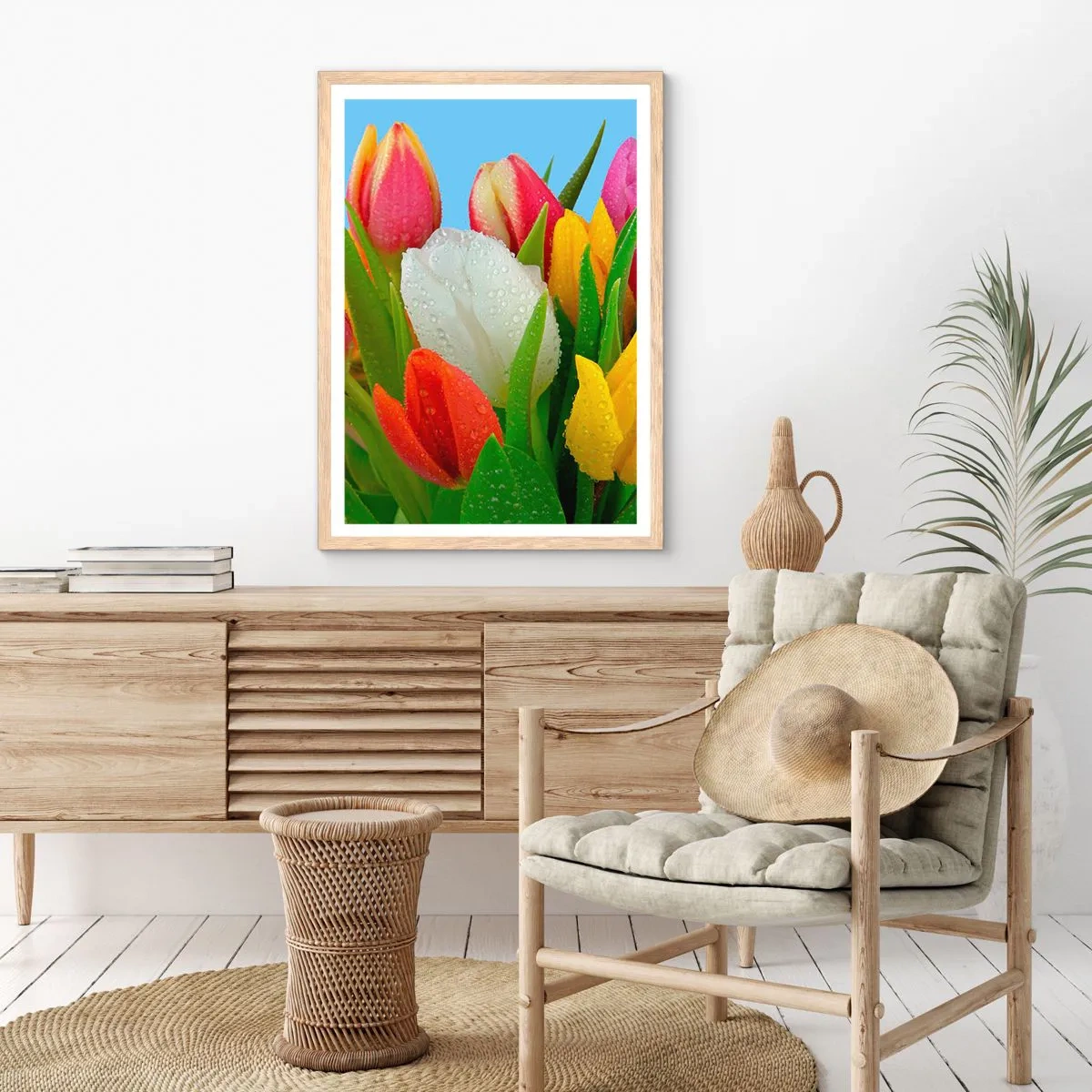 Plakát v rámu světlý dub - Květinová duha v kapkách rosy - 50x70 cm