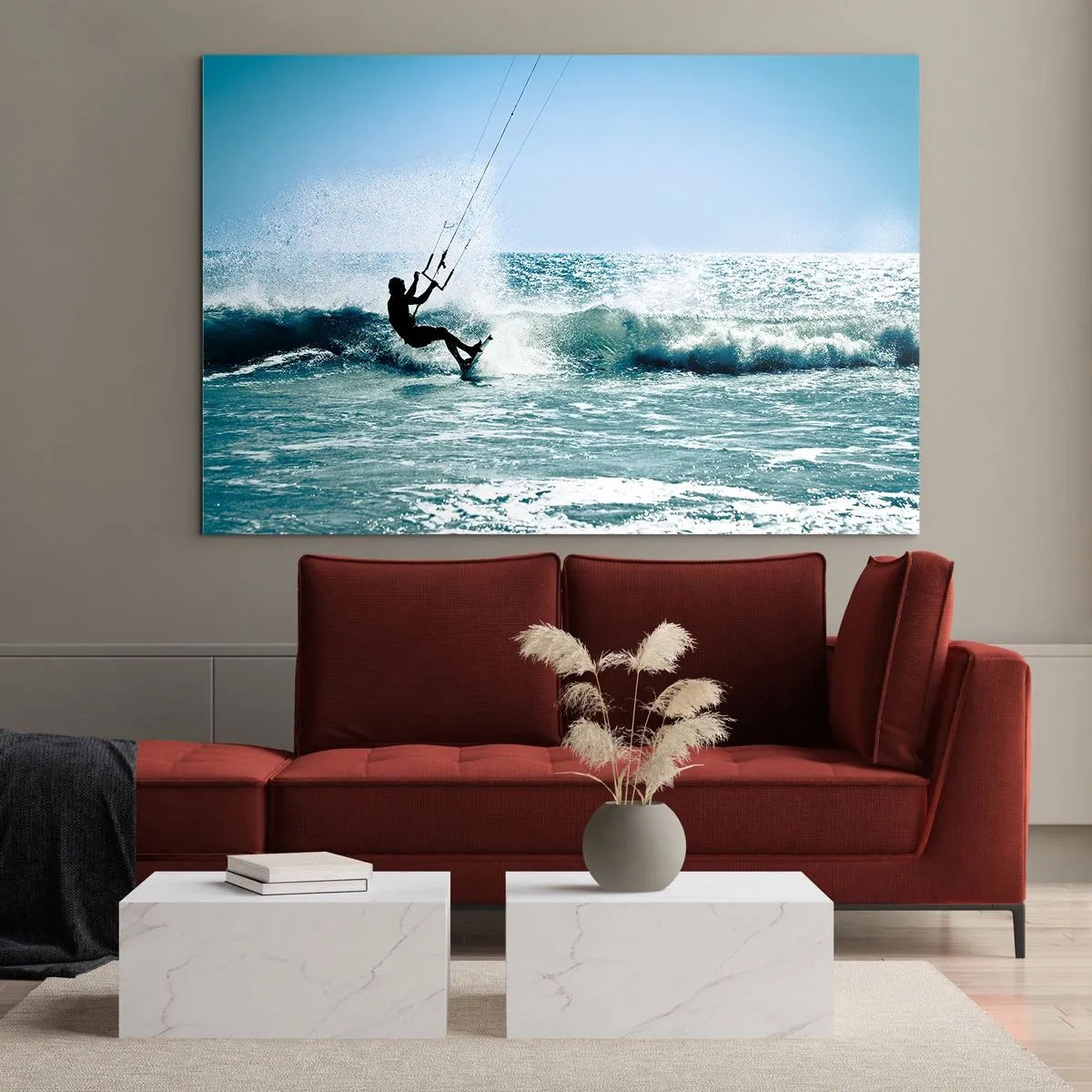 Obraz na skle - Kitesurfer na vlnách oceánu za slunečného dne - 70x50cm - Nechte se unést - Moderní nástěnná dekorace do obývacího pokoje a ložnice ARTTOR