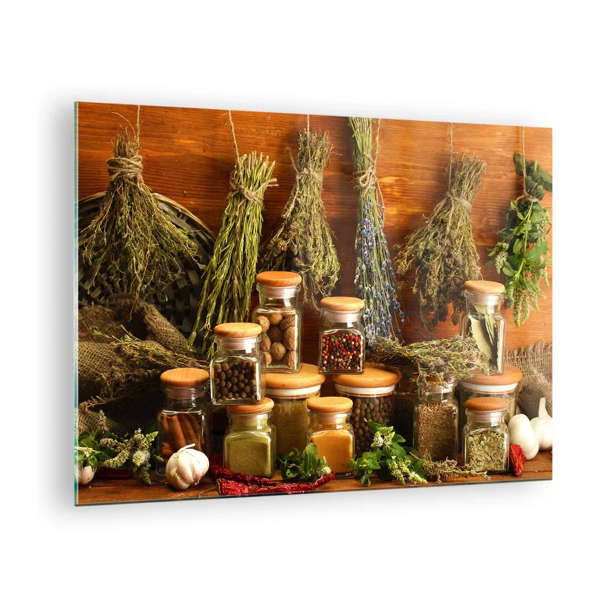 Obraz na skle - Bylinky a koření ve sklenicích na dřevěném pozadí - 70x50cm - Kuchyňská kouzla - Moderní nástěnná dekorace do obývacího pokoje a ložnice ARTTOR