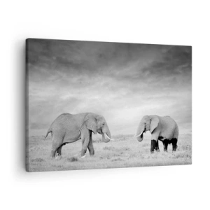 Obraz na plátně - Dva sloni na pozadí africké savany - 70x50cm - Šedá je krásná - Moderní nástěnná dekorace do obývacího pokoje a ložnice ARTTOR