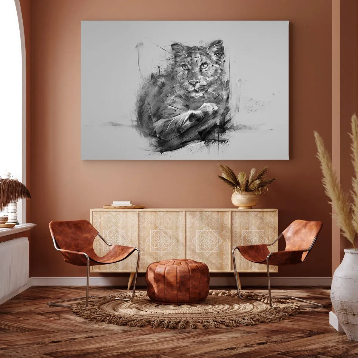 Obraz na plátně - Černobílý portrét lva v uměleckém stylu s dynamickými tahy. - 70x50cm - Ano, pozorně poslouchám - Moderní nástěnná dekorace do obývacího pokoje a ložnice ARTTOR