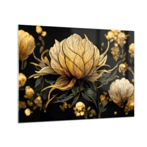 Obraz na skle - Zlaté květy na černém pozadí v elegantní kompozici - 70x50cm - Jemná křehkost - Moderní nástěnná dekorace do obývacího pokoje a ložnice ARTTOR