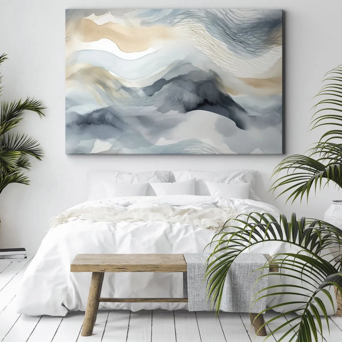 Obraz na plátně - Jemná abstrakce s horským motivem v pastelových odstínech. - 70x50cm - Abstrakce sněhu a mlhy - Moderní nástěnná dekorace do obývacího pokoje a ložnice ARTTOR