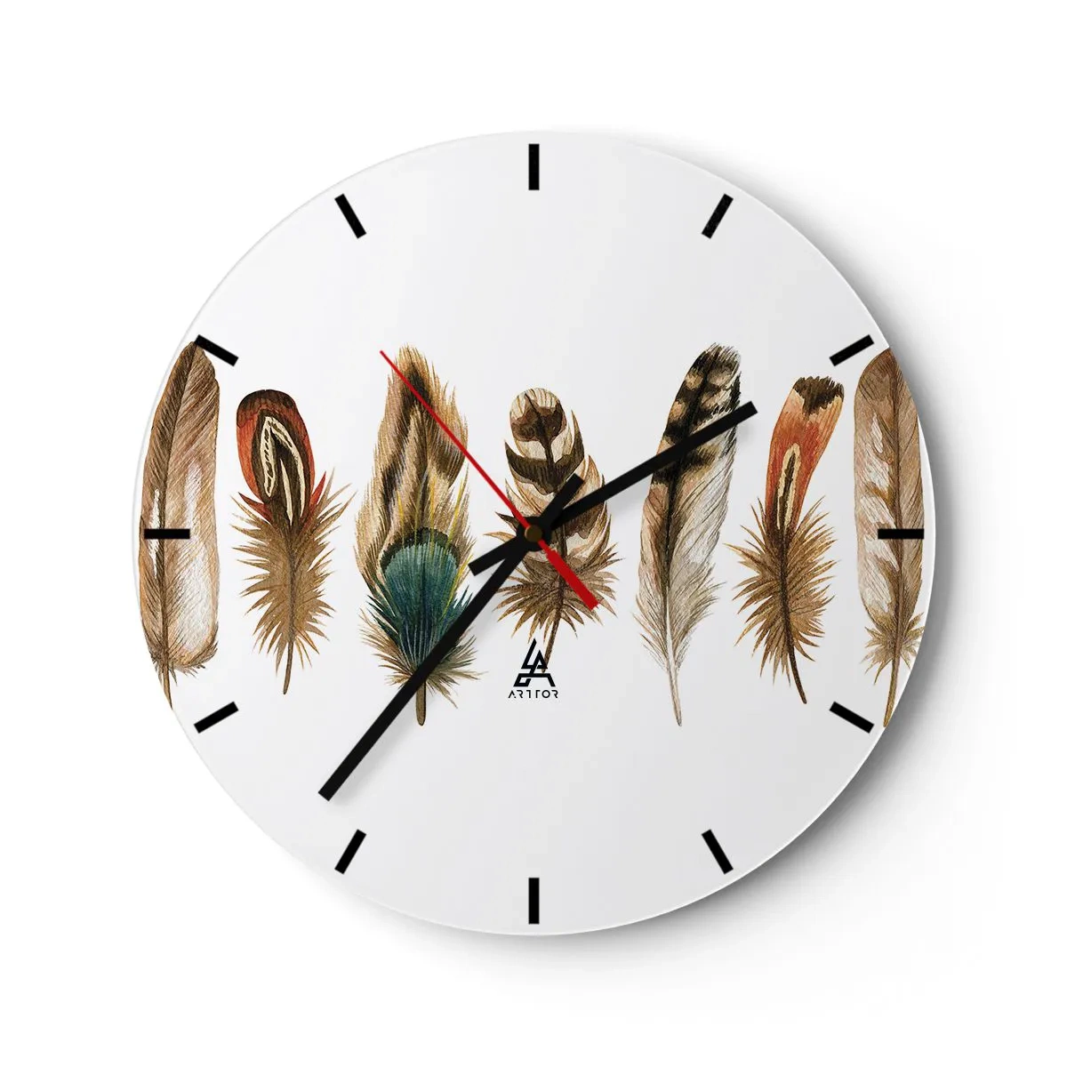 Nástěnné hodiny - Barevné peří v uměleckém aranžmá - 30x30cm - Opeřená variace - Moderní nástěnná dekorace do obývacího pokoje, kuchyně a ložnice ARTTOR