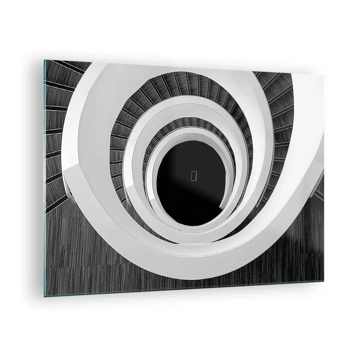 Obraz na skle - Černobílé točité schodiště shora - 70x50cm - K podstatě věcí - Moderní nástěnná dekorace do obývacího pokoje a ložnice ARTTOR