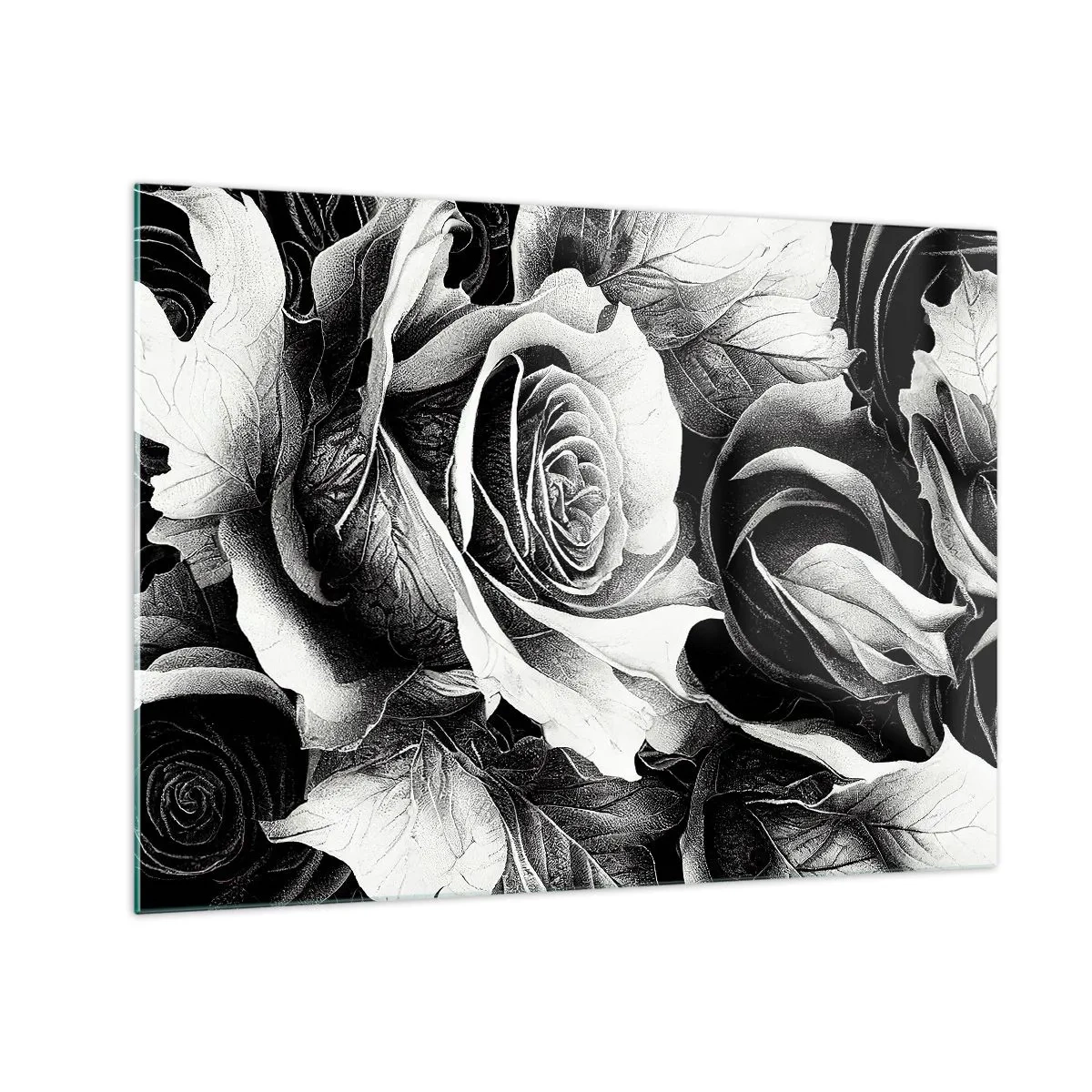 Obraz na skle - Černobílé aranžmá z růží s detaily - 70x50cm - Vždy královnou - Moderní nástěnná dekorace do obývacího pokoje a ložnice ARTTOR