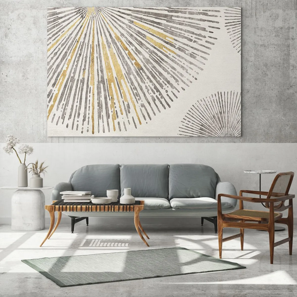 Obraz na skle - Radiální čáry v odstínech zlaté a šedé na světlém pozadí - 70x50cm - Krása paprsku - Moderní nástěnná dekorace do obývacího pokoje a ložnice ARTTOR