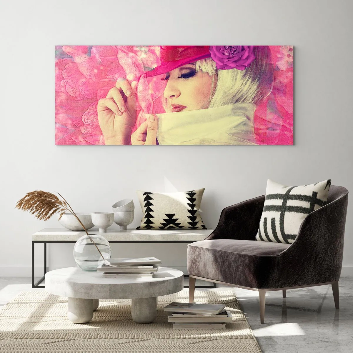 Obraz na skle - Retro portrét v růžové mlze - 100x40 cm